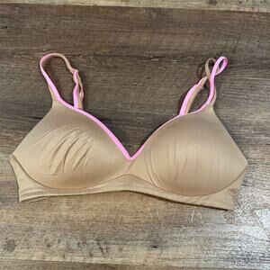 Aerie Sunnie Wireless Lightly Lined T-Shirt Bra 34C Beige Pink Trim Adjustable